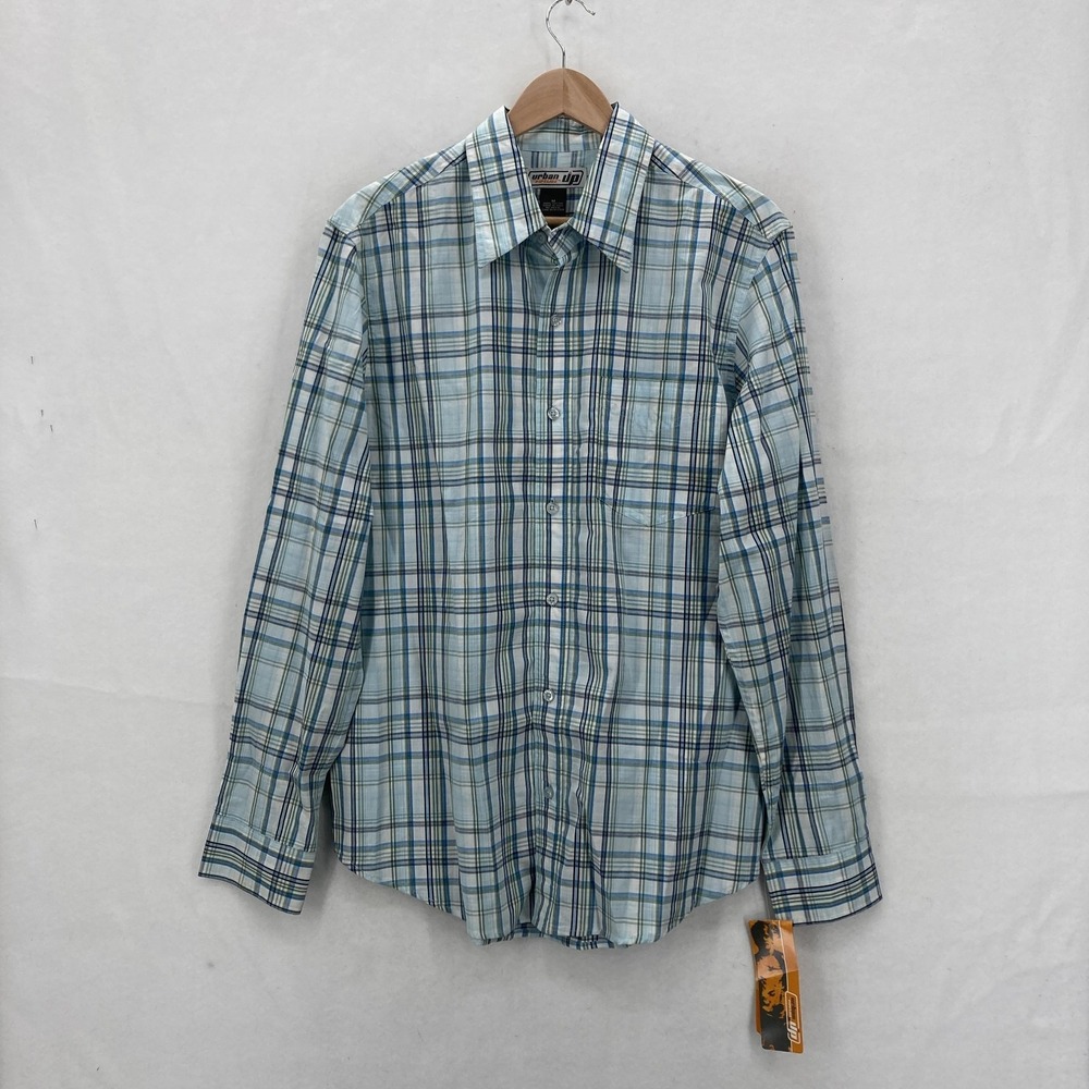 Urban Pipeline Shirt Mens Medium Blue Green Plaid Long Sleeve Button Up Grunge